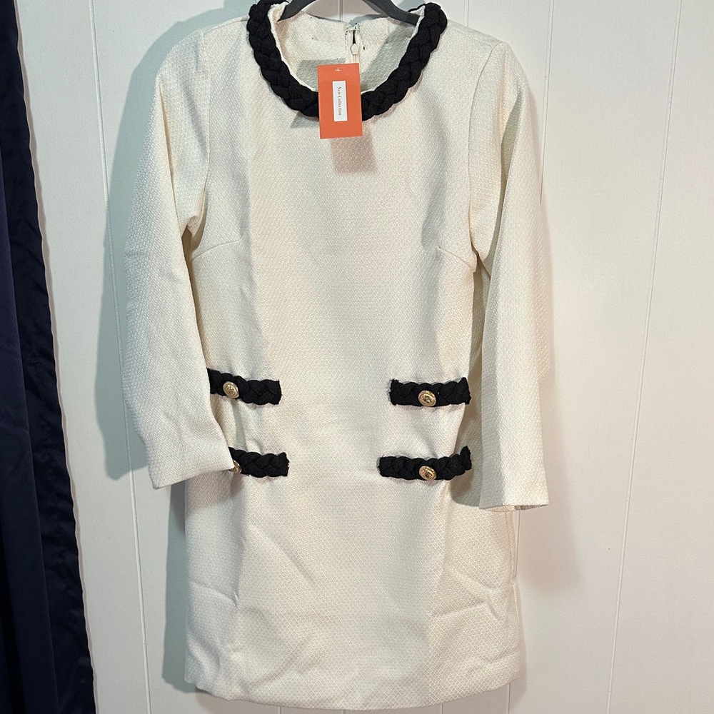 Cream Shift Dress with Black Braided Trim